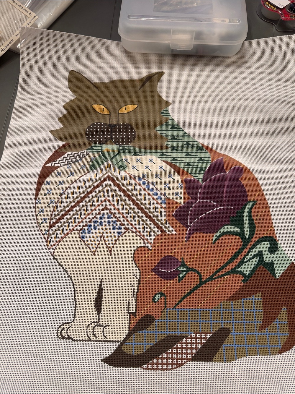 needlepoint canvas featuring a cat with patchworkand purple flowers, 🐈‍⬛
